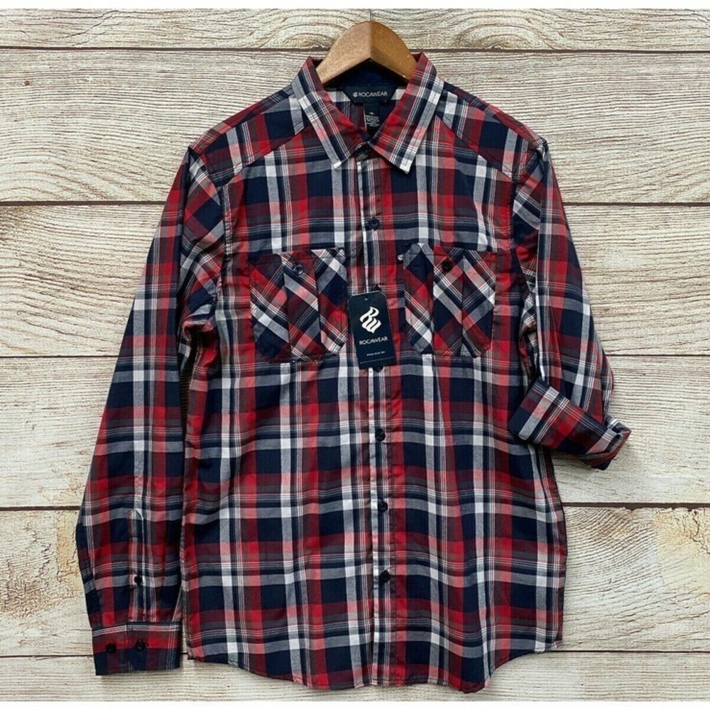 Rocawear‎ Shirt Mens Size Medium Navy Blue Grey & Red Plaid Button Down New
